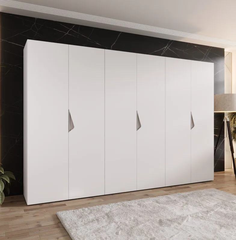 Drehtürenschrank | 6 Türen | Farbe: Weiß | 3 Kleiderstangen | Griffe: Kaschmir | 3 Fächer | Maße: 300 x 52 x 202 cm | Soft-Close-Funktion