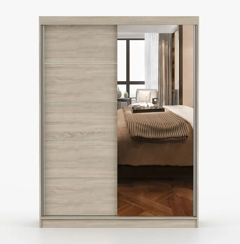 Kleiderschrank / Schiebetürenschrank | Sonoma Eiche | Bucegi 23 | mit Spiegel | 2 Türen | Griffe: Aluminium | 6 Fächer | 200 x 150 x 61 cm