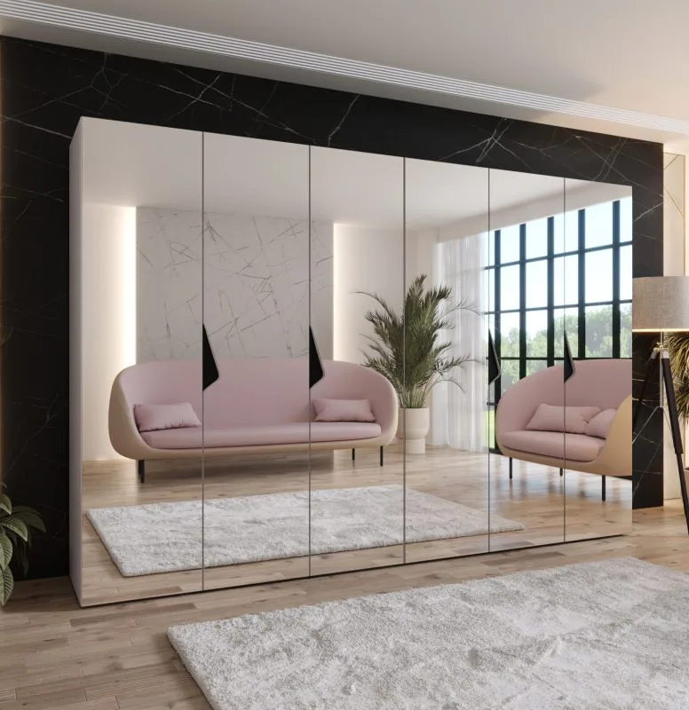 Drehtürenschrank | Farbe: Kaschmir | 3 Meter breit | Griffe: Schwarz | Schlafzimmerschrank mit Spiegel | 4 Kleiderstangen | Soft-Close | Maße: 300 x 52 x 202 cm | 4 Fächer