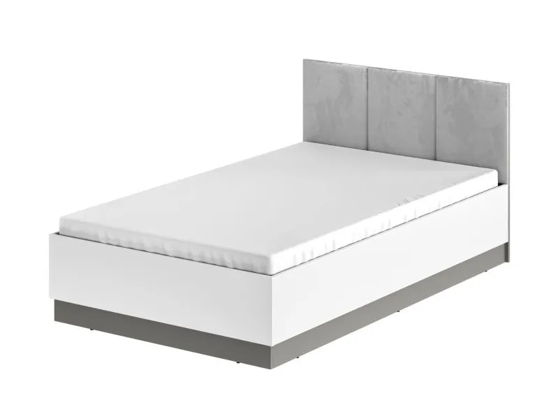 Einzelbett Vibank 05 in Weiß matt / Grau, Liegefläche 120 x 200 cm, Gästebett mit aufklappbarem Lattenrost, ABS-Kantenschutz, Kopfteil mit grauer Polsterung