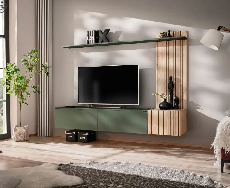 Wohnwand | Farbe: Eiche Hickory Jackson / Grün | Push-to-open Funktion | 180 x 40 x 130 cm | 1 TV-Unterschrank | 1 Wandregal