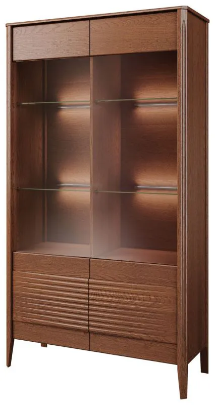 Große Vitrine Gorica 01 mit LED-Beleuchtung, in Eiche Rustikal, 201 x 111 x 45 cm, teilmassiv, Antisol-Glas Bronze, Soft Close System