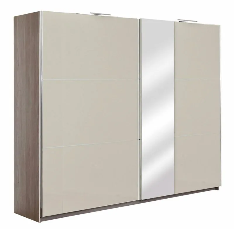 Großer Kleiderschrank | 2 Schiebetüren | 3 Schubladen | 10 Fächer | mit 2 Kleiderstangen | 269 cm breit | Farbe: Eiche Abbildung