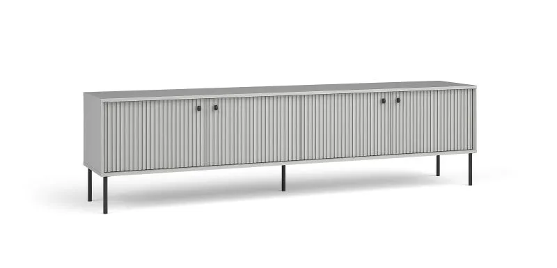 Langes TV-Unterschrank mit vier Türen Alonnisos 06, Soft-Close-Funktion, Farbe: Grau, zwei Fächer, zwei Kabeldurchführungen, Maße: 55 x 207 x 41 cm