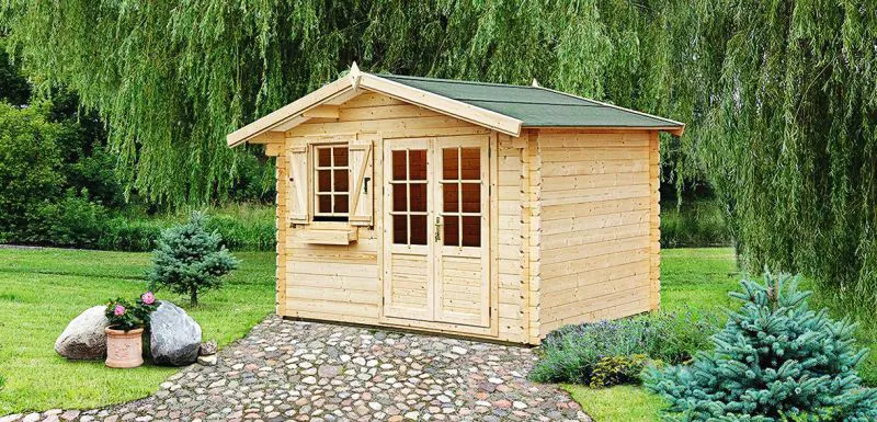 Holz-Gartenhaus 2,98 x 3,48 Meter (inkl. Dach) | Naturbelassen | Satteldach | 34 mm Blockbohlen-Haus Abbildung