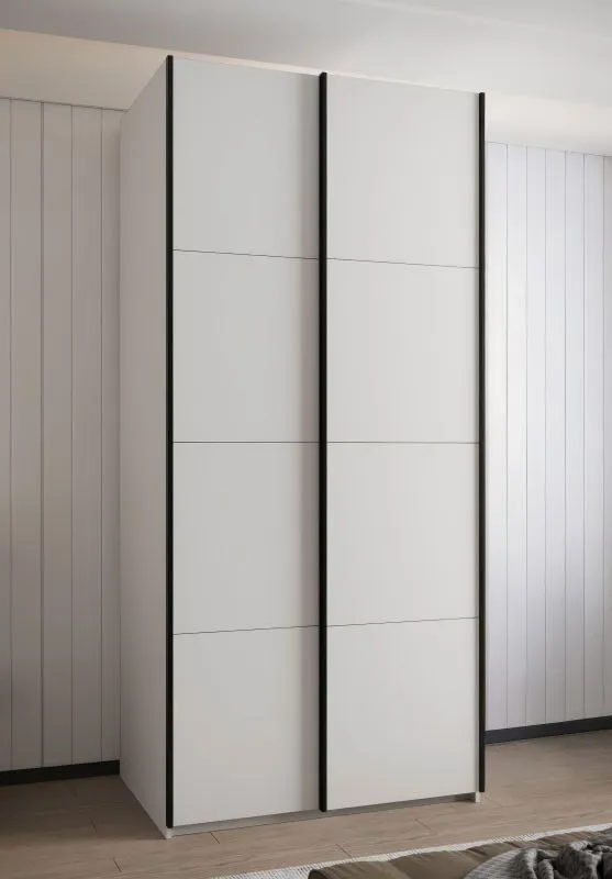 Schiebetürenschrank / Kleiderschrank | ABS-Kantenschutz | 2 Kleiderstangen | 6 Einlegeböden | 245,5 x 100 x 64 cm | 6 Fächer | Soft-Close | Farbe: Weiß