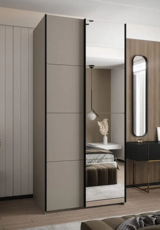 Kleiderschrank / Schiebetürenschrank | Soft-Close | Spiegel | Farbe: Kaschmir | 6 Fächer | 2 Kleiderstangen | 245,5 x 120 x 64 cm | 2 Schiebetüren