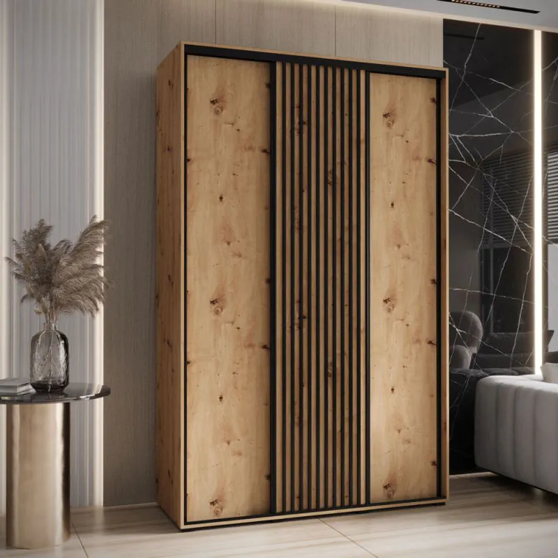 Eichenfarbener Schiebetürenschrank Mina, viel Stauraum, 235,2 x 160 x 60 cm, Anti Staubbürsten, Metallgriffe in Schwarz, Vorderseite aus Laminatplatten