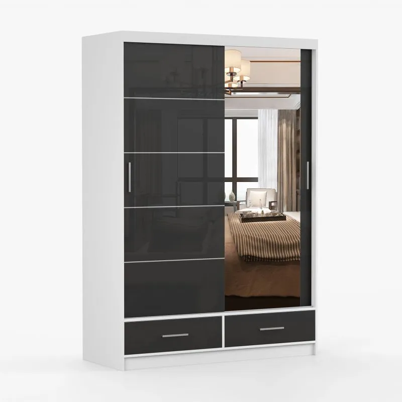 Schiebetürenschrank / Kleiderschrank mit Spiegel | 218 x 150 x 61 cm | Schwarz / Weiß | Lusatian 03 | 2 Türen | 2 Schubladen | 6 Fächer | Zweifarbig