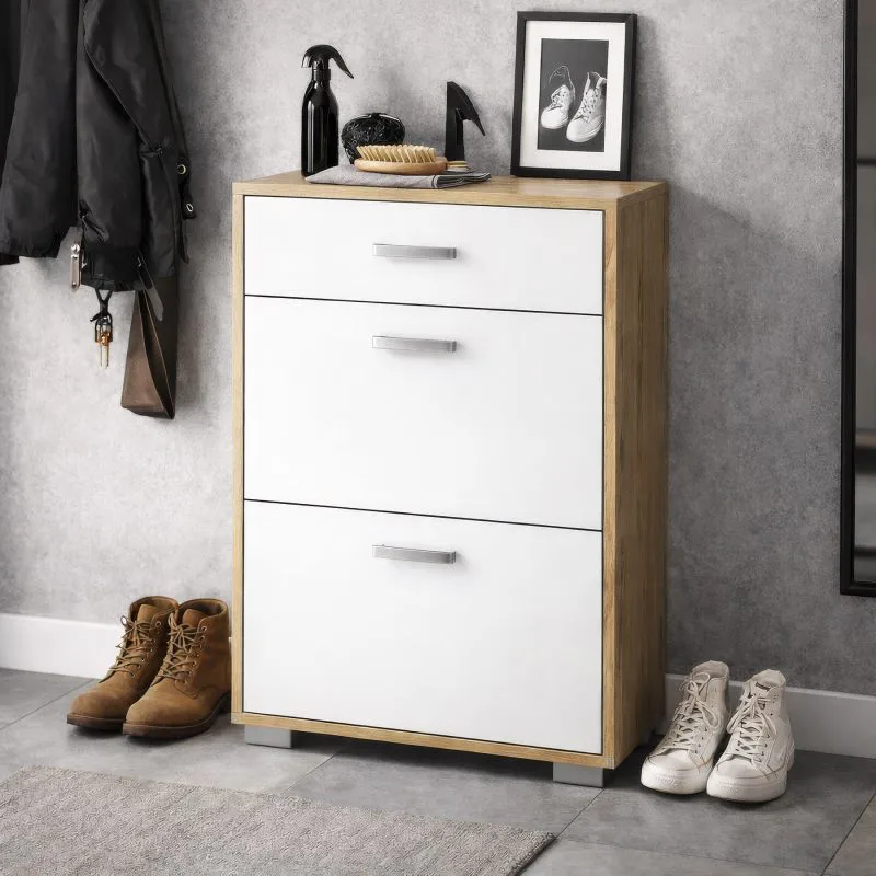 Schuhschrank Stepino | Farbe: Eiche Artisan / Weiß matt | 2 Klappfächer | 1 Schublade |Garderobe | 60 x 30 x 88,5 cm | Flur