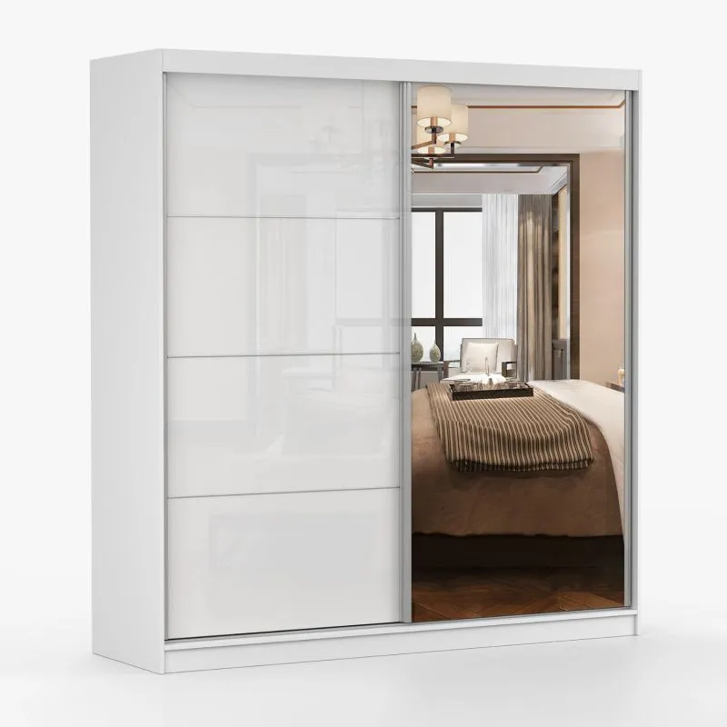 Kleiderschrank / Schiebetürenschrank | Weiß | Sredna 07 | mit Spiegel | 2 Türen | Griffe: Aluminium | 7 Fächer | 3 Schubladen |218 x 203 x 61 cm