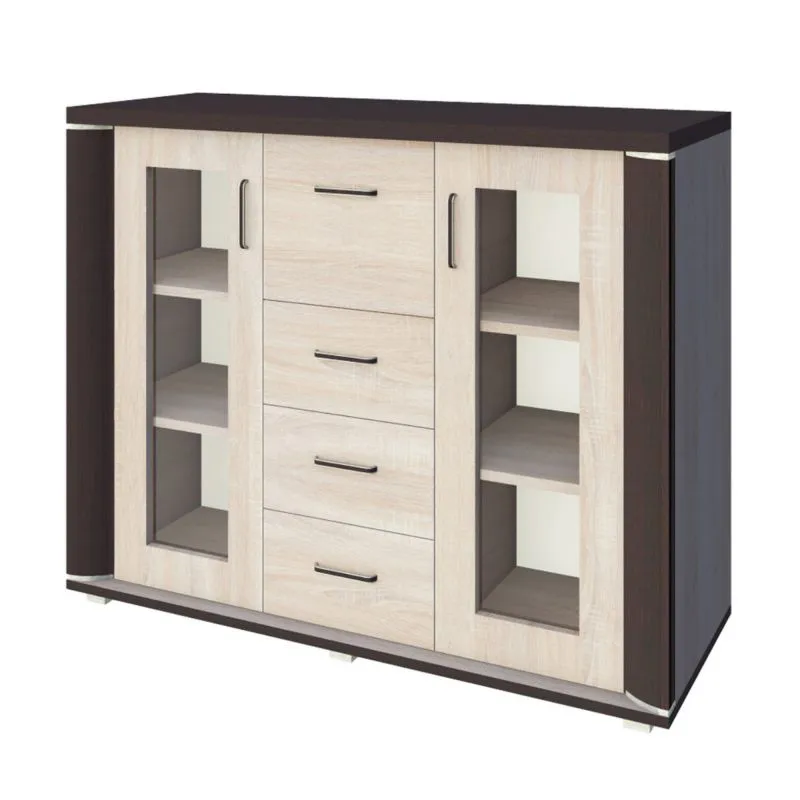 Vitrine Aitape 43, Farbe: Sonoma Eiche dunkel / Sonoma Eiche hell - Abmessungen: 105 x 135 x 40 cm (H x B x T)