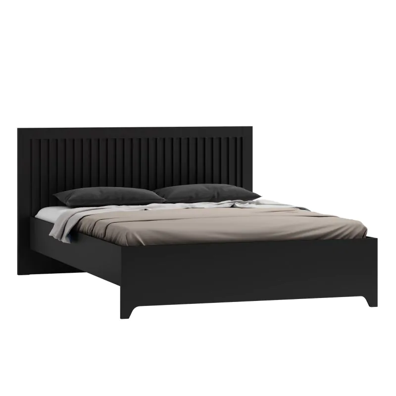 Edles Einzelbett in Schwarz, Gästebett mit Liegefläche 140 x 200 cm, Kopfteil mit Lamellen, inklusive Lattenrost, ABS-Kanten, Metallbeine
