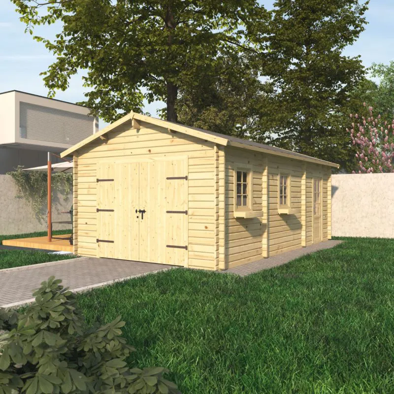 Einzelgarage PA 55 | Fichten- und Kiefernholz | Grundfläche 27,26 m² | Holzgarage mit Satteldach | Doppelflügeltor, Einzelfenster und Einzeltür