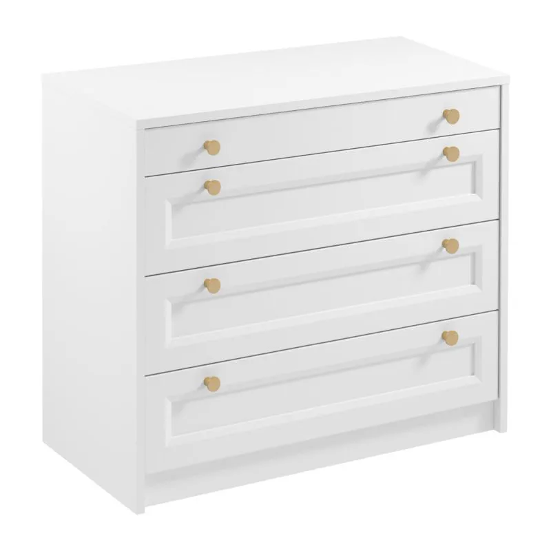 Kommode Ersigen 02, Weiß, 76 x 90 x 40 cm, ABS Kantenschutz, edle Metallgriffe in Gold, 4 breite Schubladen, sehr geräumig, langlebig