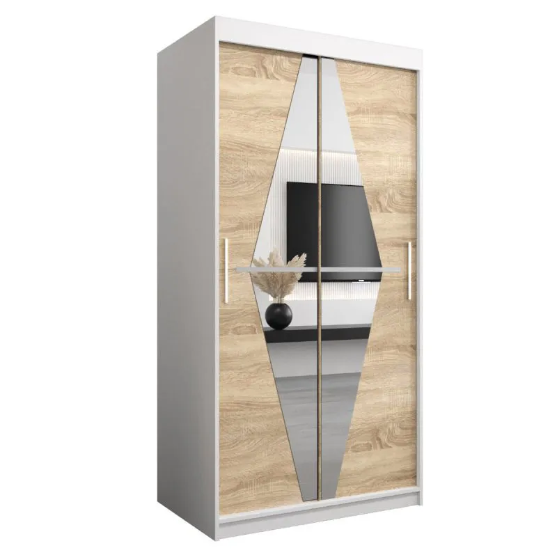 100 cm breiter Kleiderschrank mit 2 Türen | 5 Fächer | Farbe: Eiche / Weiß Abbildung