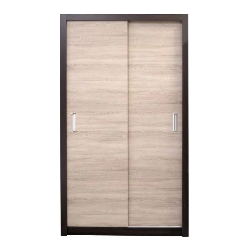 140 cm breiter Schiebetürenschrank mit 2 Türen | 6 Fächer | Kleiderstange | Farbe: Sonoma Eiche Abbildung