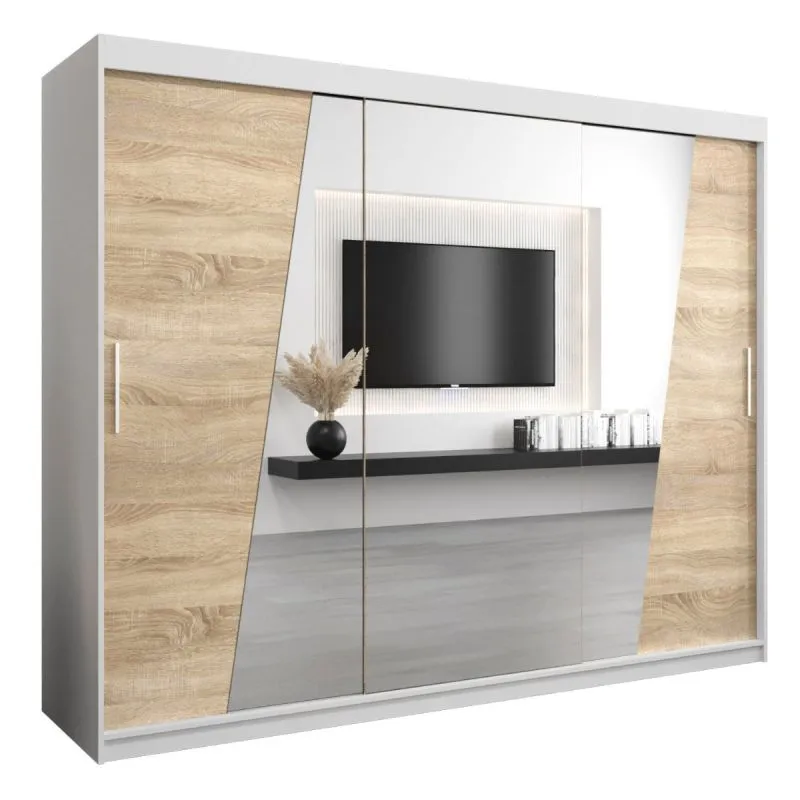 Großer 250 cm breiter Kleiderschrank mit 10 Fächern und 3 Türen | Farbe: Sonoma Eiche / Weiß Abbildung