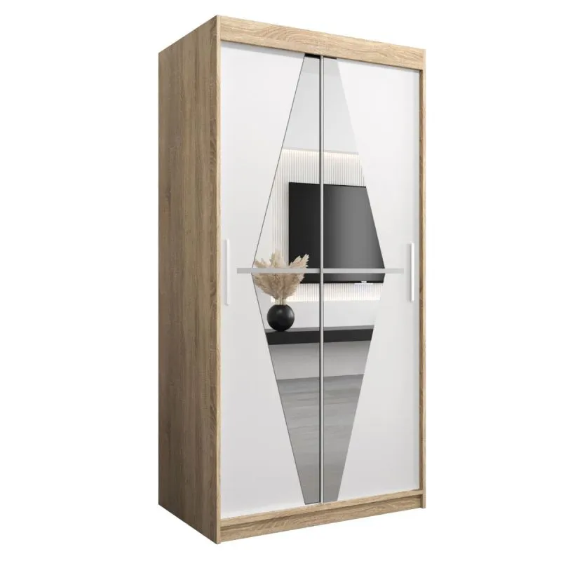 1 Meter breiter Kleiderschrank mit 2 Türen | Farbe: Sonoma Eiche / Weiß Abbildung