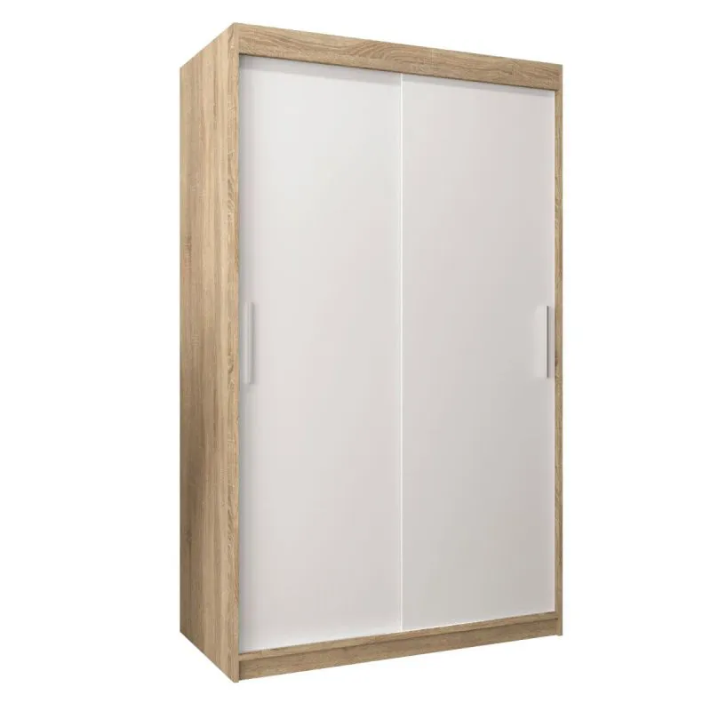 120 cm breiter Schiebetürenschrank mit 2 Türen | 5 Fächer | 2 Kleiderstangen | Farbe: Sonoma Eiche / Weiß Abbildung