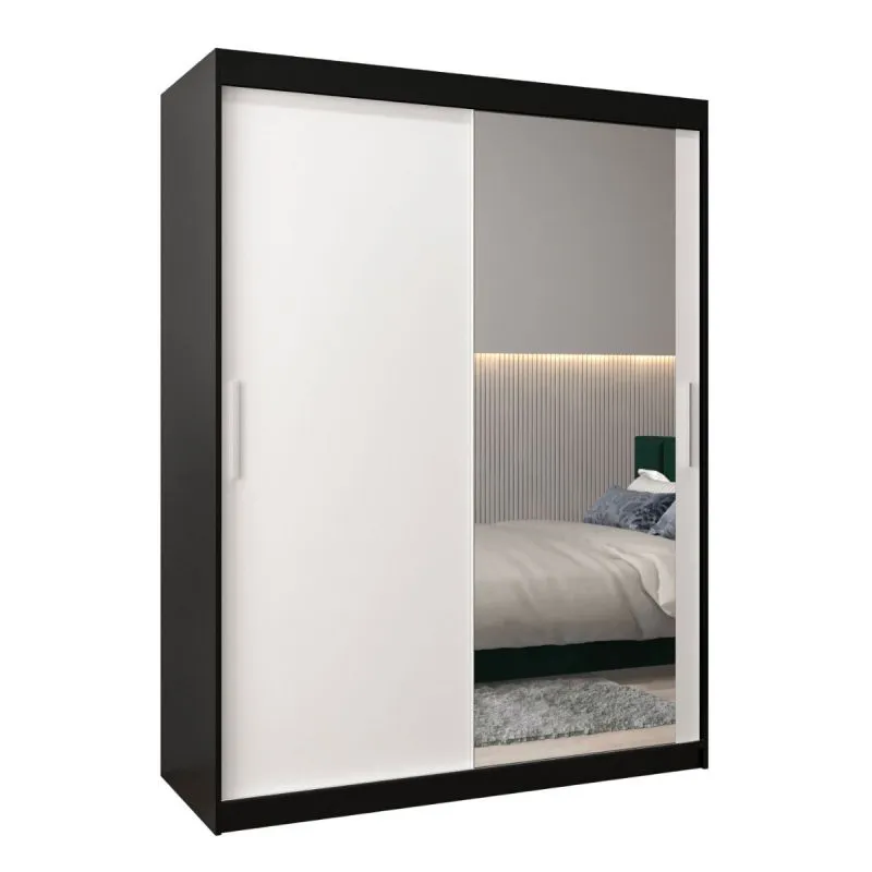 150 cm breiter Schiebetürenschrank mit 2 Türen | 5 Fächer | 2 Kleiderstangen | Farbe: Weiß / Schwarz Abbildung