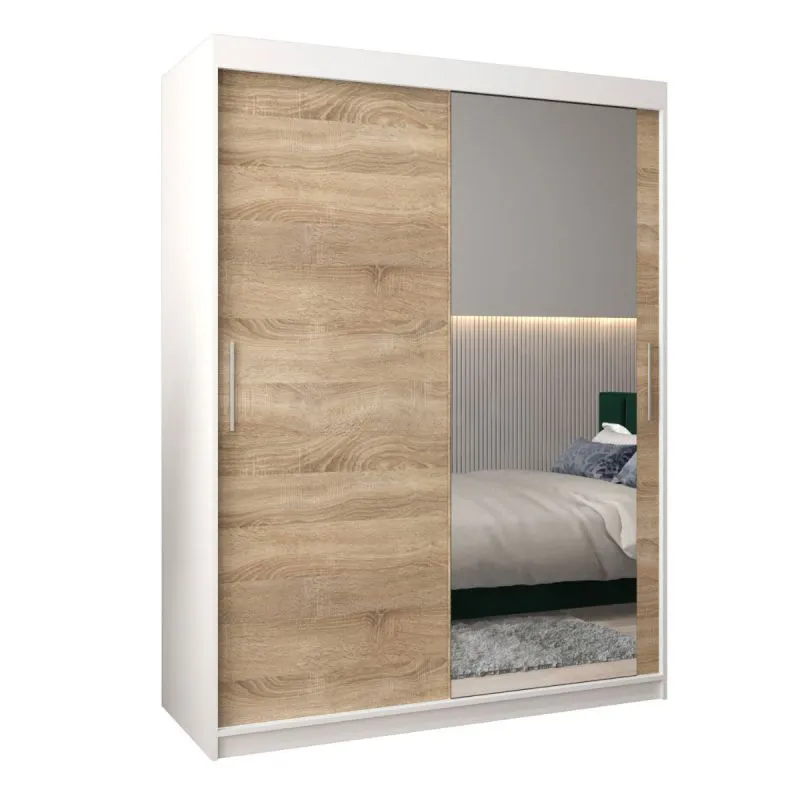 150 cm breiter Schiebetürenschrank mit 2 Türen | 5 Fächer | 2 Kleiderstangen | Farbe: Sonoma Eiche / Weiß Abbildung