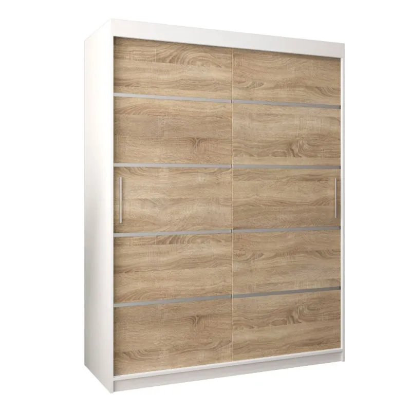 150 cm breiter Schiebetürenschrank mit 2 Türen | 5 Fächer | 2 Kleiderstangen | Farbe: Sonoma Eiche / Weiß Abbildung