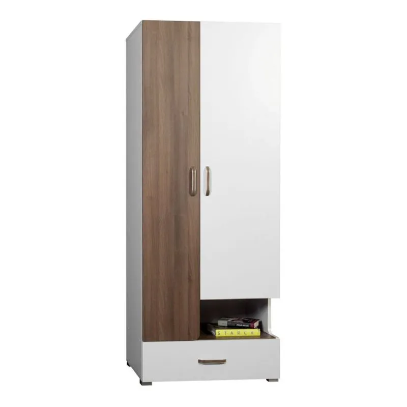 Schmaler Kleiderschrank | 2 Drehtüren | 1 Schublade | 6 Fächer | mit Kleiderstange | 80 cm breit | Farbe: Nuss / Weiß Abbildung