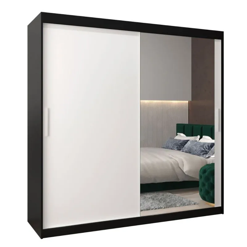 200 cm breiter Schiebetürenschrank mit 2 Türen | 10 Fächer | 2 Kleiderstangen | Farbe: Weiß / Schwarz Abbildung