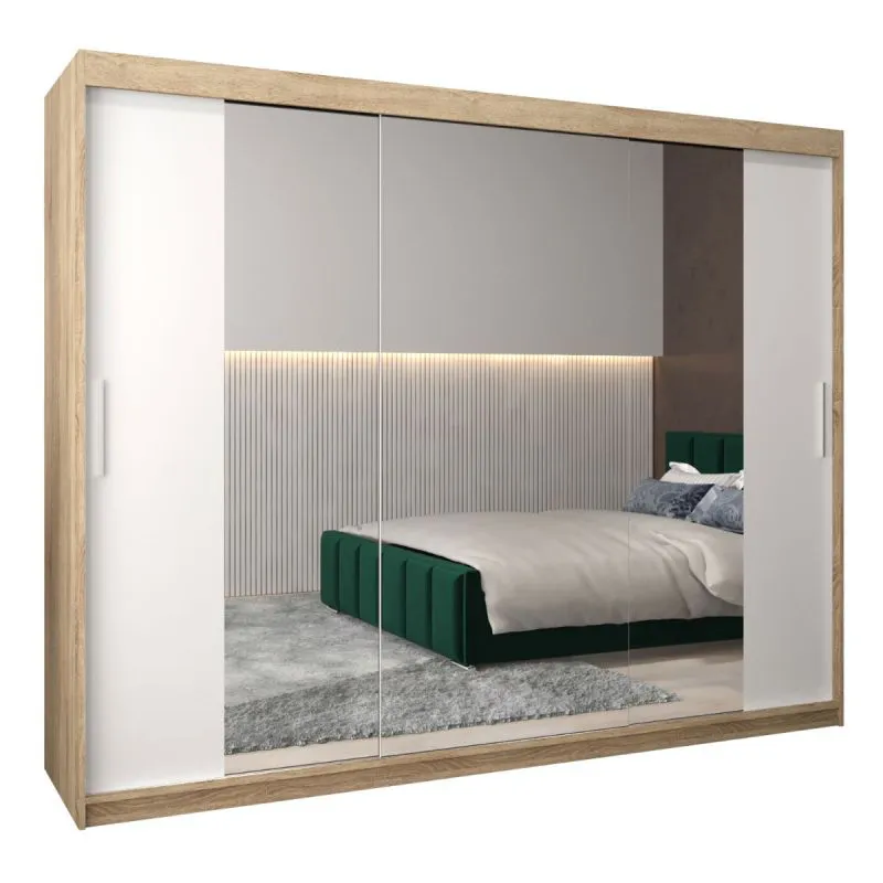 250 cm breiter Schiebetürenschrank mit 3 Türen | 10 Fächer | 2 Kleiderstangen | Farbe: Sonoma Eiche / Weiß Abbildung