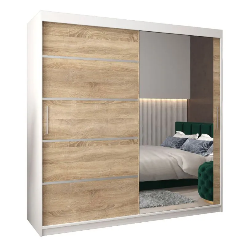 200 cm breiter Schiebetürenschrank mit 2 Türen | 10 Fächer | 2 Kleiderstangen | Farbe: Sonoma Eiche / Weiß Abbildung