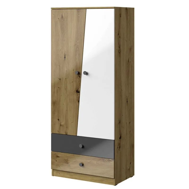 Schmaler 80 cm breiter Kleiderschrank mit 2 Türen, 4 Fächern und 2 Schubladen | Farbe: Eiche | Tiefe: 50 cm Abbildung
