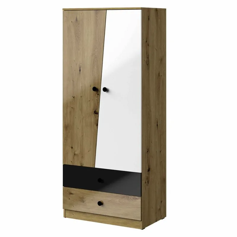 Schmaler 80 cm breiter Kleiderschrank mit 2 Türen, 4 Fächern und 2 Schubladen | Farbe: Eiche | Tiefe: 50 cm Abbildung