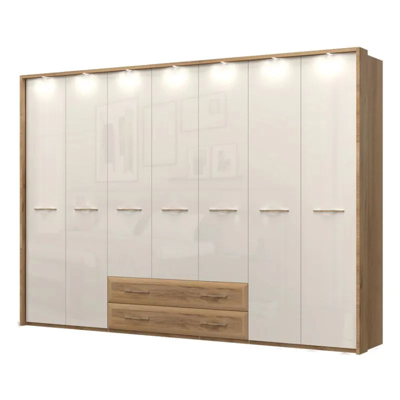Großer 272 cm breiter Kleiderschrank mit 7 Türen, 8 Fächern und 2 Schubladen | Farbe: Beige | Tiefe: 56 cm Abbildung