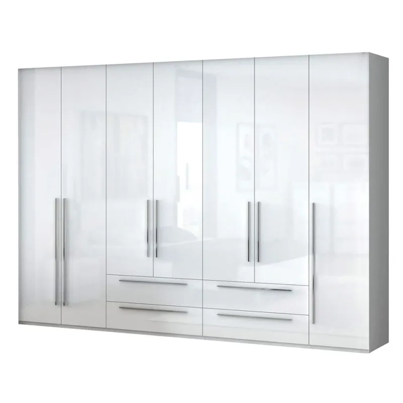 Großer Kleiderschrank | 7 Drehtüren | 4 Schubladen | 8 Fächer | mit 4 Kleiderstangen | 317 cm breit | Farbe: Weiß Abbildung