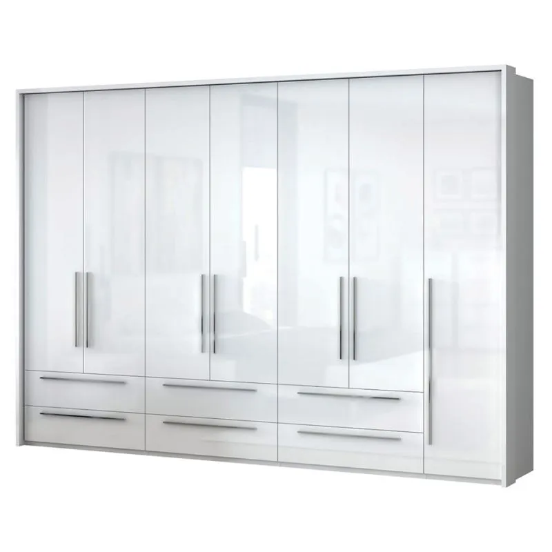 Kleiderschrank | 7 Drehtüren | 6 Schubladen | 6 Fächer | mit 4 Kleiderstangen | 322 cm breit | Farbe: Weiß Abbildung