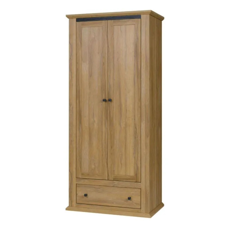 Kleiderschrank | 2 Drehtüren | 1 Schublade | 1 Fach | mit Kleiderstange | 90 cm breit | Farbe: Eiche Abbildung