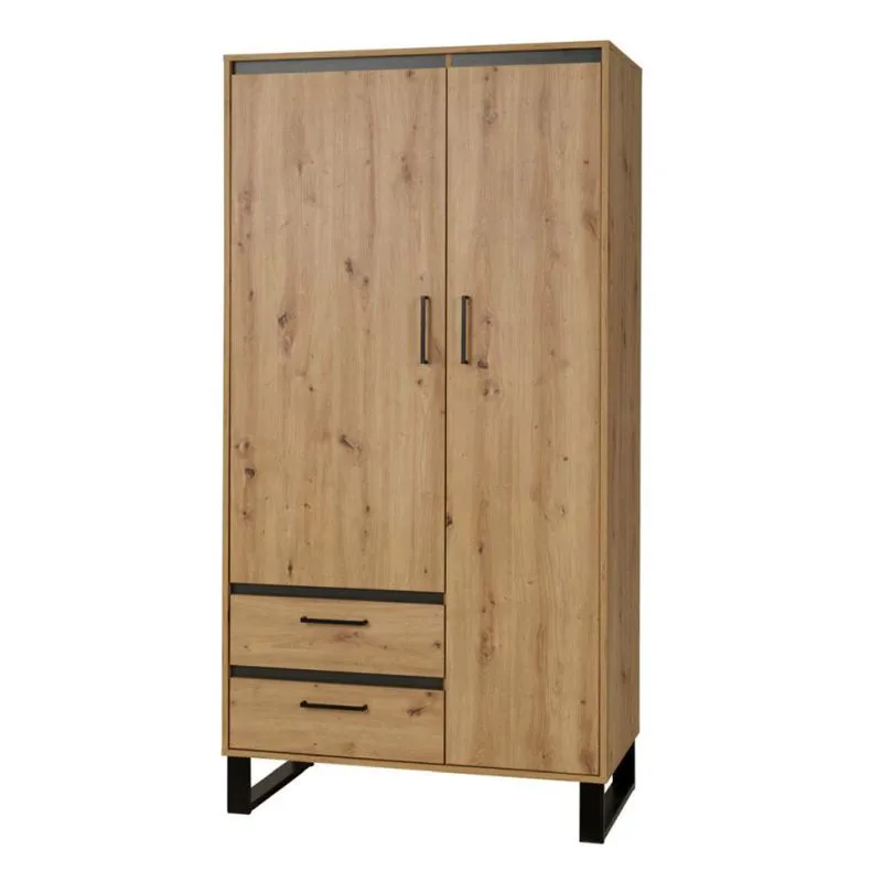 100 cm breiter Kleiderschrank mit 2 Türen, 2 Fächern und 2 Schubladen | Farbe: Eiche | Tiefe: 51 cm Abbildung