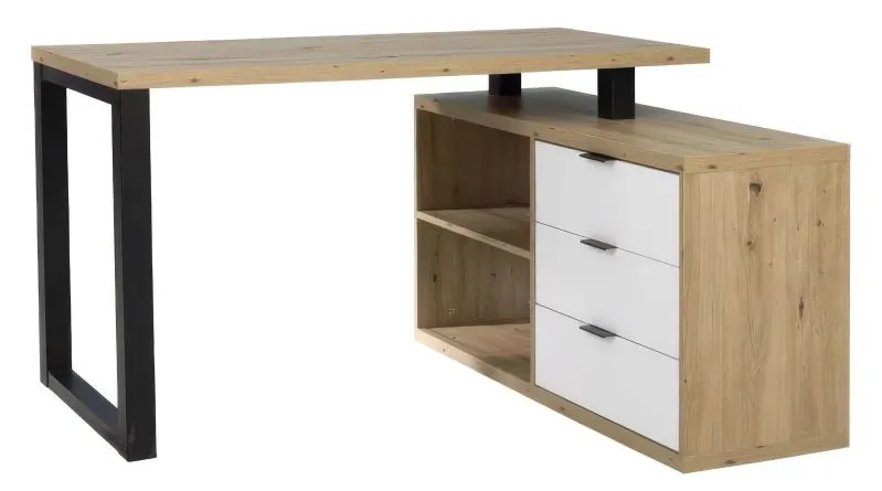 Schreibtisch "Merosina" 03, Farbe: Eiche Artisan / Schwarz / Weiß - Abmessungen: 76 x 135 x 115 cm (H x B x T)