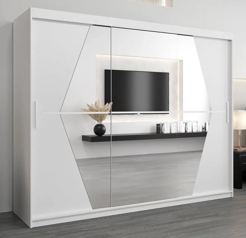 Schiebetürenschrank / Kleiderschrank Alphubel 06 mit Spiegel, Farbe: Weiß Matt - Abmessungen: 200 x 250 x 62 cm ( H x B x T)