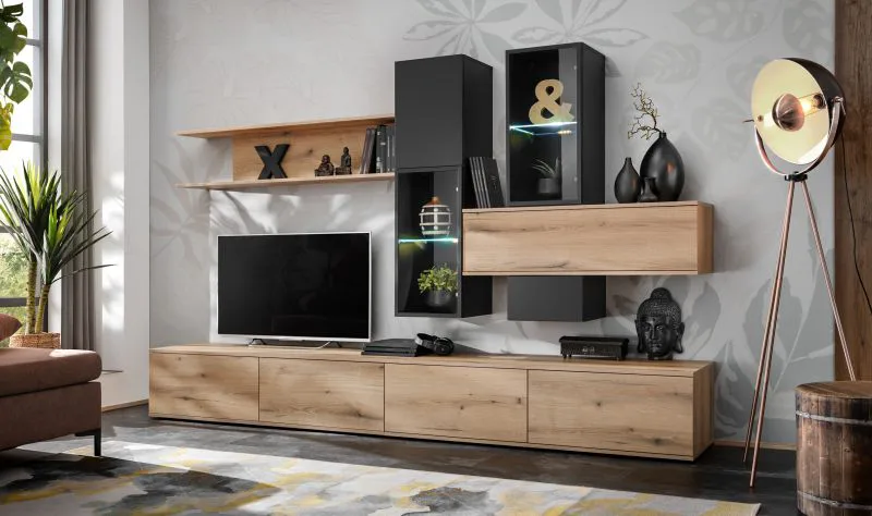 Wohnwand | Farbe: Eiche Coast Evoke / Schwarz matt | inkl. LED-Beleuchtung | Maße: 280 x 45 x 180 cm | genügend Stauraum | für Wohnzimmer