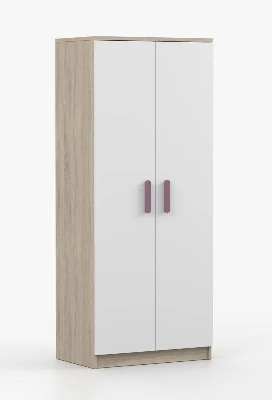 Drehtürenschrank / Kleiderschrank | 192 x 80 x 50 cm | Weiß / Sonoma Eiche | Smolikas 54 | 2 Türen | Kleiderstange | 5 Fächer | violette Holzgriffe