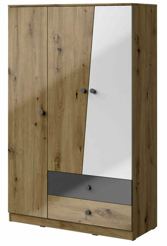 120 cm breiter Kleiderschrank mit 3 Türen, 6 Fächern und 2 Schubladen | Farbe: Eiche | Tiefe: 50 cm Abbildung