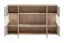 Vitrine | Farbe: Eiche Viking / Kaschmir | Push-to-open Funktion | 4 Drehtüren | Maße: 160 x 40 x 92 cm | inkl. LED-Beleuchtung | 9 Fächer