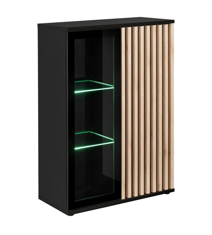 Kleine Vitrine mit zwei Türen Romfo 02, Farbe: Schwarz, inkl. Grüner LED-Beleuchtung, zwei Glaseinlegeböden, sechs Fächer, Push-to-open Funktion