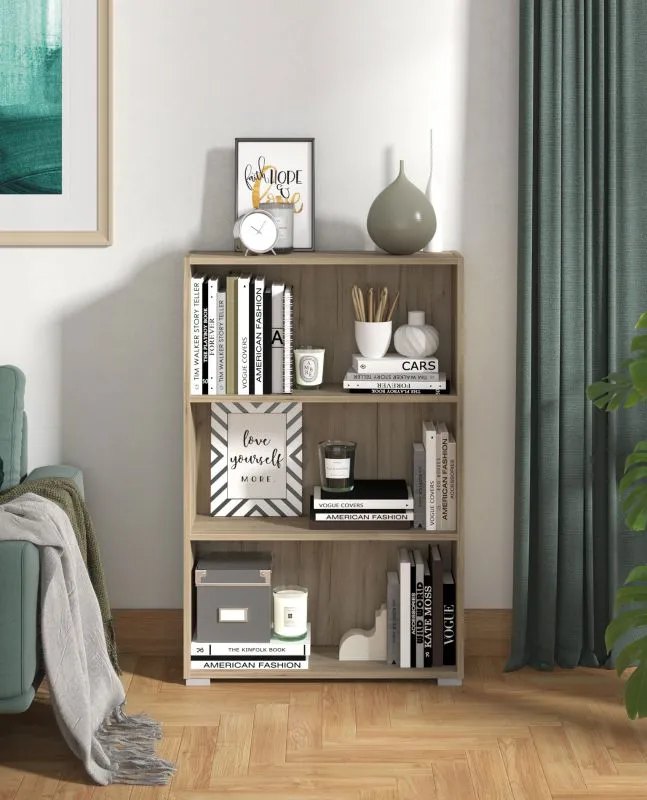 Bücherregal Knide 02, Farbe: Eiche Grau, drei Fächer, ABS-Kantenschutz, hochwertige Verarbeitung, Maße: 107,5 x 70 x 24,5 cm, für Wohnzimmer