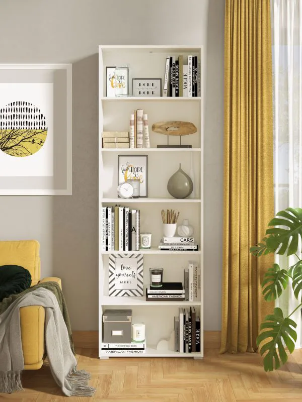 Hohes Bücherregal Knide 13, sechs Fächer, Farbe: Weiß, ABS-Kanten, gut kombinierbar, Maße: 211,5 x 70 x 24,5 cm, schlichtes Design