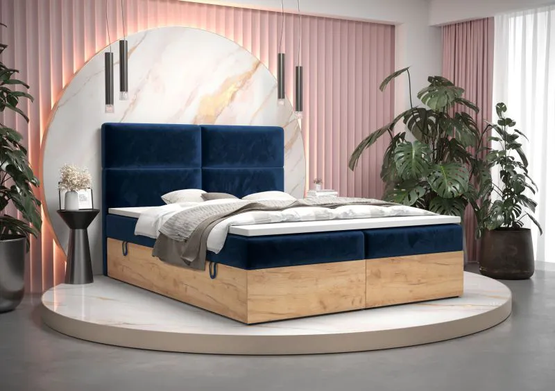 Außergewöhnliches Doppelbett mit Stauraum Pilio 40, Farbe: Blau / Eiche Golden Craft - Liegefläche: 160 x 200 cm (B x L)