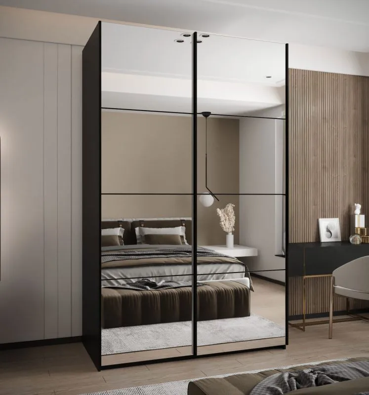 Kleiderschrank / Schiebetürenschrank | 245,5 x 160 x 54 | Soft-Close | Spiegel | 2 Kleiderstangen | 11 Fächer | Farbe: Schwarz | 2 Schiebetüren