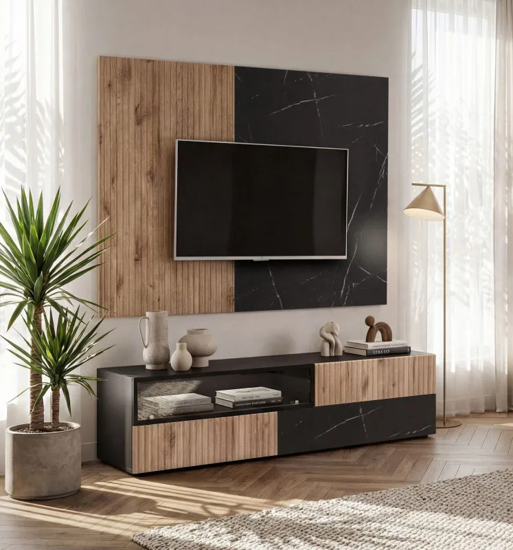 TV-Unterschrank inkl. Wandpaneel | Farbe: Eiche Vicking / Schwarzer Marmor | geriffelte Front | 3 Schubladen | Push-to-open Funktion | 160 x 45 x 120 / 42 cm